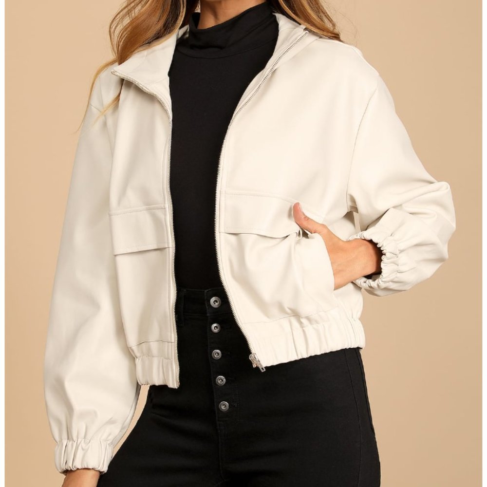 Atomic Off White Vegan Leather Bomber Jacket